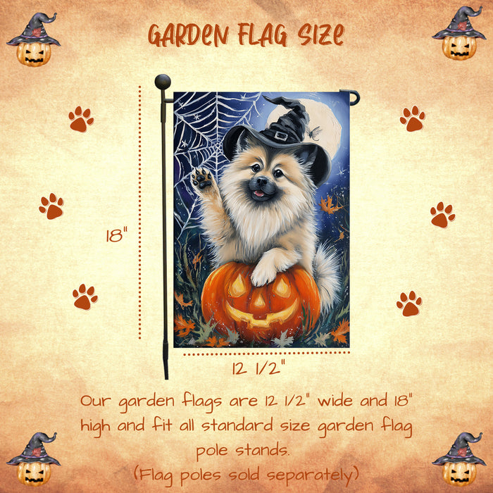 Keeshond Fall Autumn Witch Hat Garden Flag 12.5 x 18 Inch Pumpkin Bat Spider Web Outdoor Yard Decoration for Halloween Single or Double Sided
