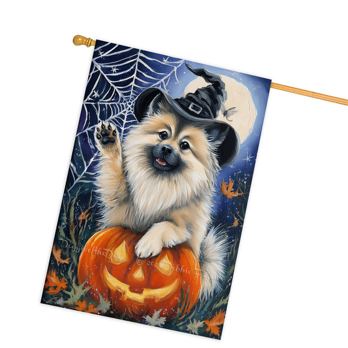 Keeshond Halloween Fall Witch Hat House Flag 28 x 40 Inch Double Sided Pumpkin Bat Spider Web Porch Banner Outdoor Yard Decoration