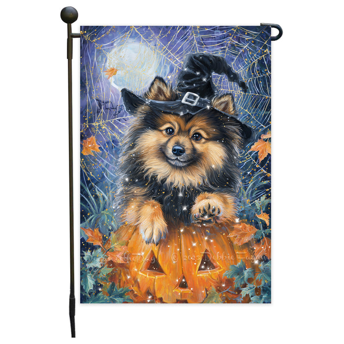 Keeshond Welcome Halloween Garden Flag 12.5 x 18 Inch Pumpkin Lantern Spider Web Dog Yard Banner Outdoor Fall Decor Single or Double Sided