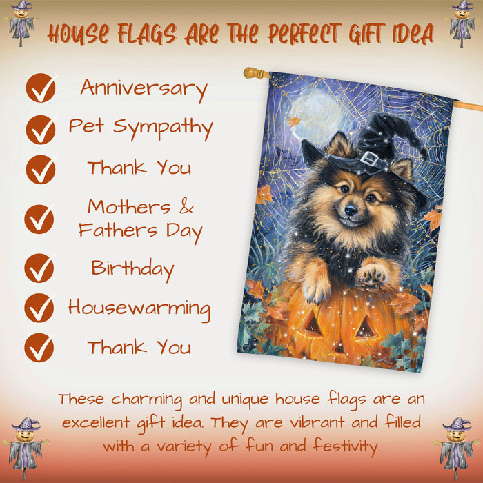 Keeshond Welcome Halloween House Flag 28 x 40 Inch Double Sided Pumpkin Lantern Spider Web Fall Porch Banner Outdoor Yard Decoration