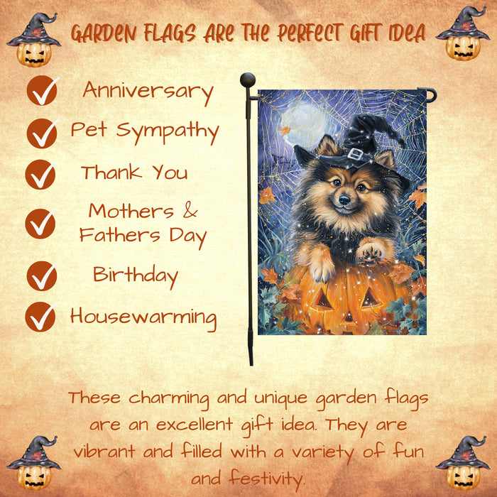 Keeshond Welcome Halloween Garden Flag 12.5 x 18 Inch Pumpkin Lantern Spider Web Dog Yard Banner Outdoor Fall Decor Single or Double Sided