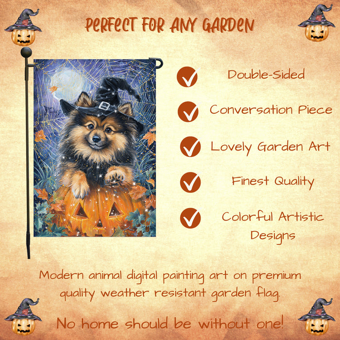 Keeshond Welcome Halloween Garden Flag 12.5 x 18 Inch Pumpkin Lantern Spider Web Dog Yard Banner Outdoor Fall Decor Single or Double Sided