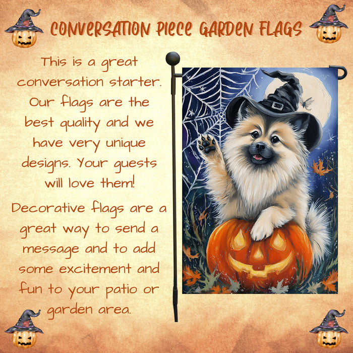 Keeshond Fall Autumn Witch Hat Garden Flag 12.5 x 18 Inch Pumpkin Bat Spider Web Outdoor Yard Decoration for Halloween Single or Double Sided