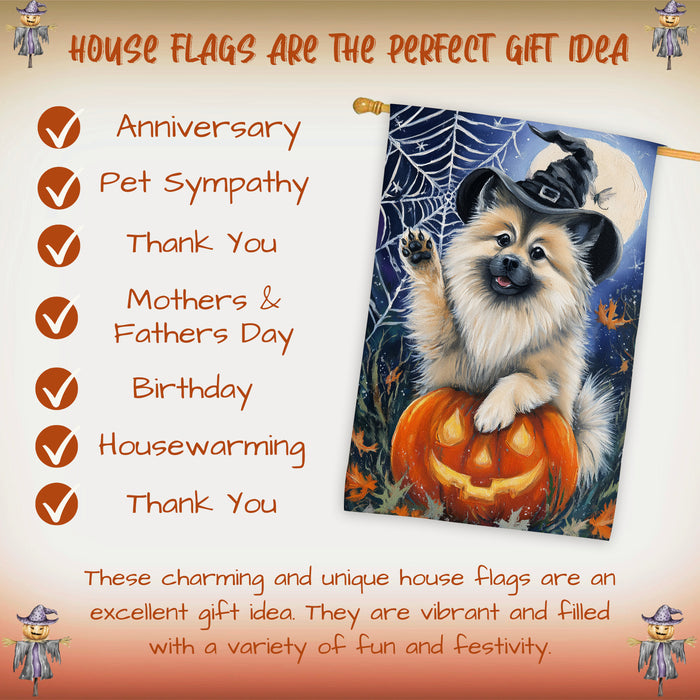 Keeshond Halloween Fall Witch Hat House Flag 28 x 40 Inch Double Sided Pumpkin Bat Spider Web Porch Banner Outdoor Yard Decoration