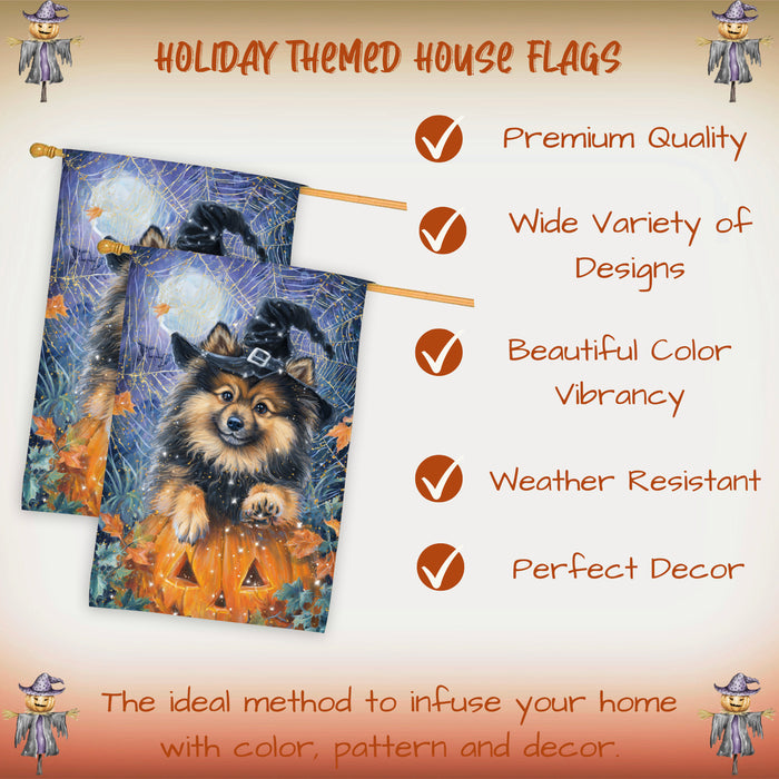 Keeshond Welcome Halloween House Flag 28 x 40 Inch Double Sided Pumpkin Lantern Spider Web Fall Porch Banner Outdoor Yard Decoration