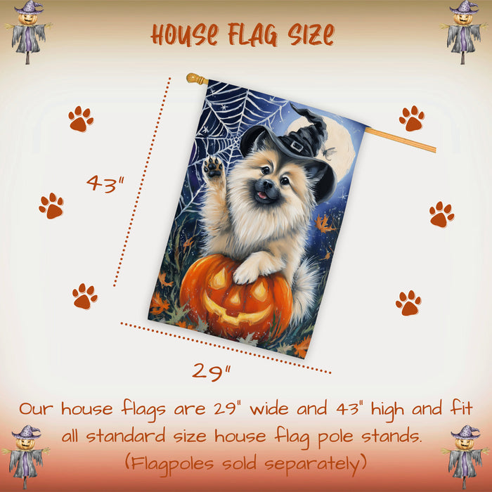 Keeshond Halloween Fall Witch Hat House Flag 28 x 40 Inch Double Sided Pumpkin Bat Spider Web Porch Banner Outdoor Yard Decoration