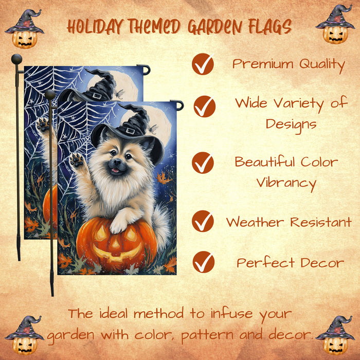 Keeshond Fall Autumn Witch Hat Garden Flag 12.5 x 18 Inch Pumpkin Bat Spider Web Outdoor Yard Decoration for Halloween Single or Double Sided