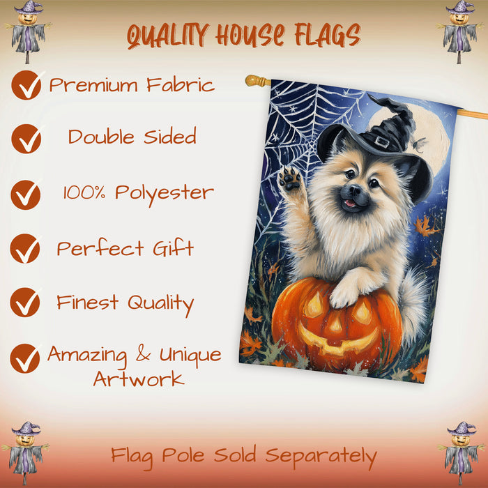 Keeshond Halloween Fall Witch Hat House Flag 28 x 40 Inch Double Sided Pumpkin Bat Spider Web Porch Banner Outdoor Yard Decoration