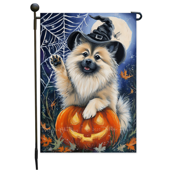Keeshond Fall Autumn Witch Hat Garden Flag 12.5 x 18 Inch Pumpkin Bat Spider Web Outdoor Yard Decoration for Halloween Single or Double Sided
