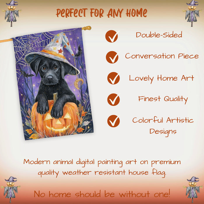 Black Labrador Halloween House Flag 28 x 40 Inch Double Sided Pumpkin Candy Full Moon Outdoor Porch Banner for Trick or Treat Fall Decoration