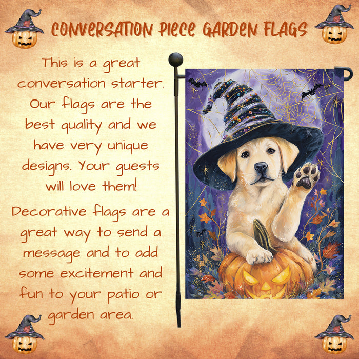 Labrador Welcome Fall Halloween Garden Flag 12.5 x 18 Inch Puppy Pumpkin Witch Hat Outdoor Yard Banner for Porch or Lawn Single or Double Sided