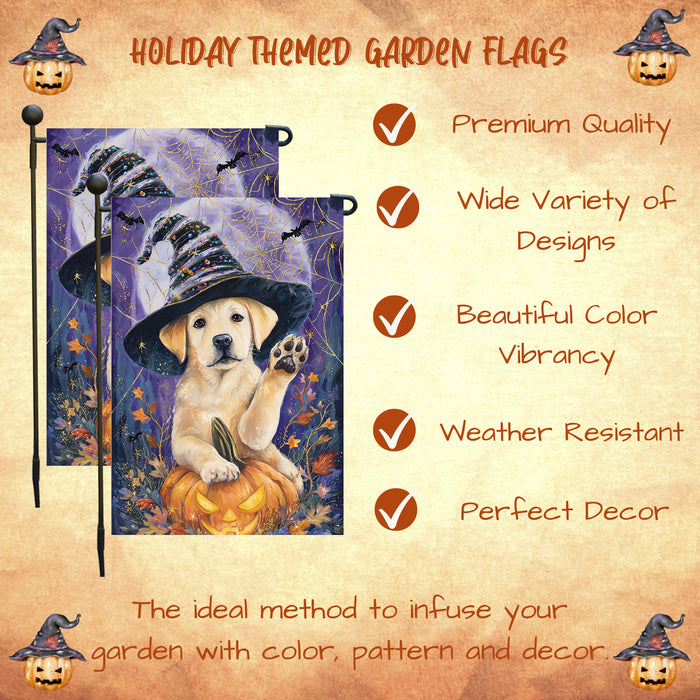 Labrador Welcome Fall Halloween Garden Flag 12.5 x 18 Inch Puppy Pumpkin Witch Hat Outdoor Yard Banner for Porch or Lawn Single or Double Sided