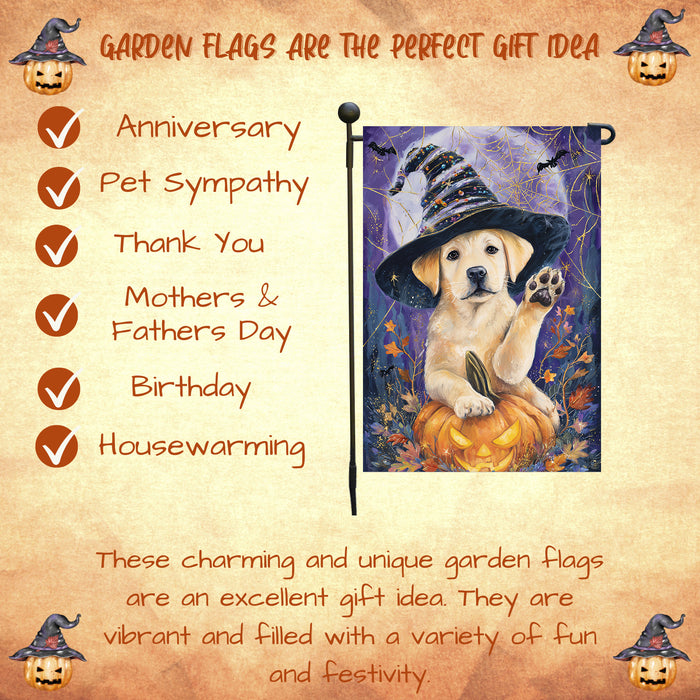 Labrador Welcome Fall Halloween Garden Flag 12.5 x 18 Inch Puppy Pumpkin Witch Hat Outdoor Yard Banner for Porch or Lawn Single or Double Sided