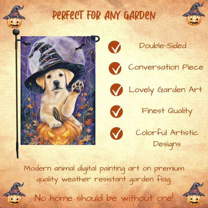 Labrador Welcome Fall Halloween Garden Flag 12.5 x 18 Inch Puppy Pumpkin Witch Hat Outdoor Yard Banner for Porch or Lawn Single or Double Sided