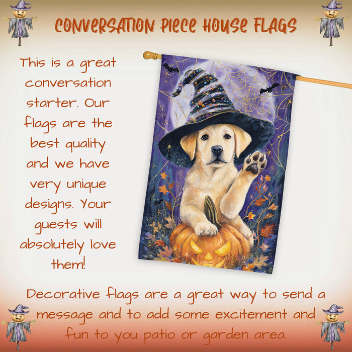 Labrador Welcome Fall Halloween House Flag 28 x 40 Inch Double Sided Puppy Pumpkin Witch Hat Outdoor Porch Banner for Autumn Yard Decor