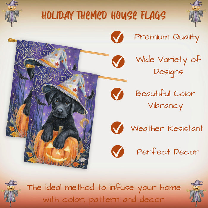 Black Labrador Halloween House Flag 28 x 40 Inch Double Sided Pumpkin Candy Full Moon Outdoor Porch Banner for Trick or Treat Fall Decoration