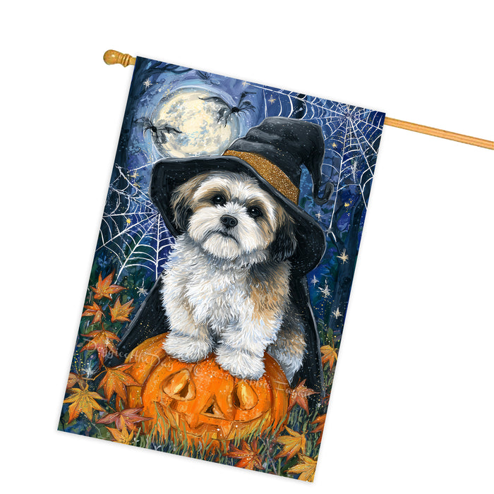 Lhasa Apso Halloween Witch Hat House Flag 28 x 40 Inch Double Sided Pumpkin Bat Spider Web Porch Banner Fall Outdoor Dog Lover Decoration