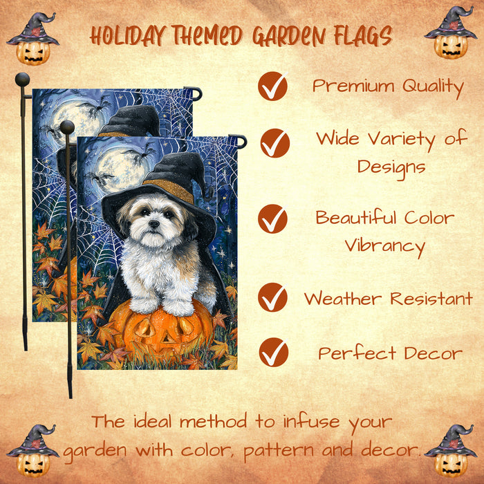 Lhasa Apso Halloween Witch Hat Garden Flag 12.5 x 18 Inch Pumpkin Spider Web Bat Outdoor Yard Banner for Trick or Treat Fall Decoration