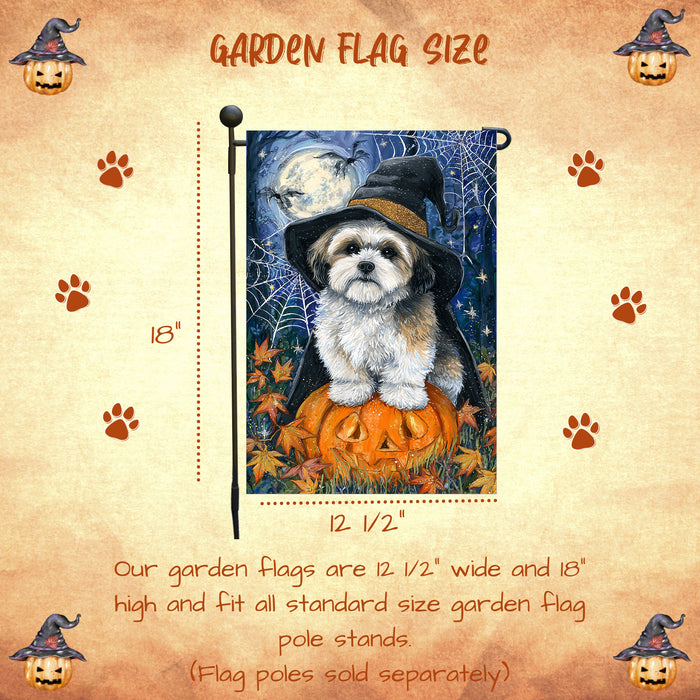 Lhasa Apso Halloween Witch Hat Garden Flag 12.5 x 18 Inch Pumpkin Spider Web Bat Outdoor Yard Banner for Trick or Treat Fall Decoration