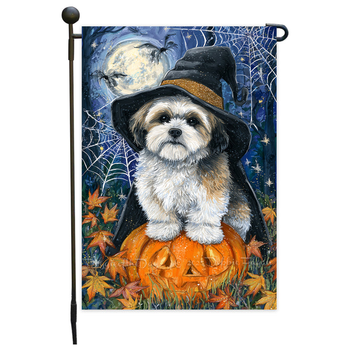 Lhasa Apso Halloween Witch Hat Garden Flag 12.5 x 18 Inch Pumpkin Spider Web Bat Outdoor Yard Banner for Trick or Treat Fall Decoration