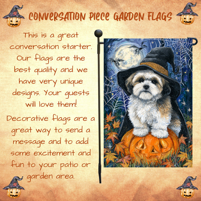 Lhasa Apso Halloween Witch Hat Garden Flag 12.5 x 18 Inch Pumpkin Spider Web Bat Outdoor Yard Banner for Trick or Treat Fall Decoration