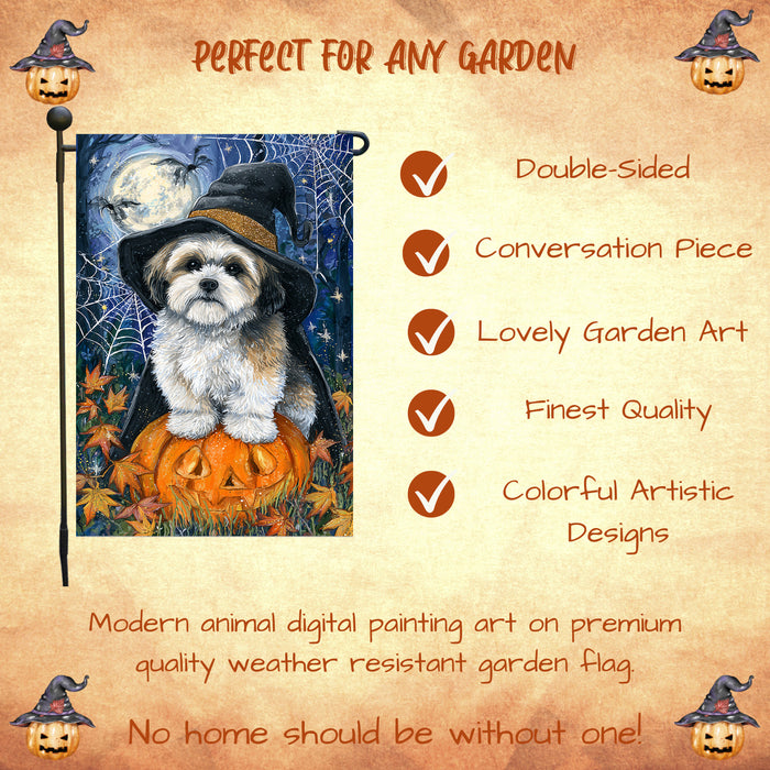 Lhasa Apso Halloween Witch Hat Garden Flag 12.5 x 18 Inch Pumpkin Spider Web Bat Outdoor Yard Banner for Trick or Treat Fall Decoration