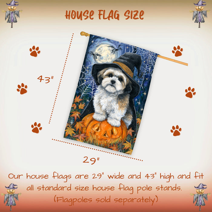 Lhasa Apso Halloween Witch Hat House Flag 28 x 40 Inch Double Sided Pumpkin Bat Spider Web Porch Banner Fall Outdoor Dog Lover Decoration
