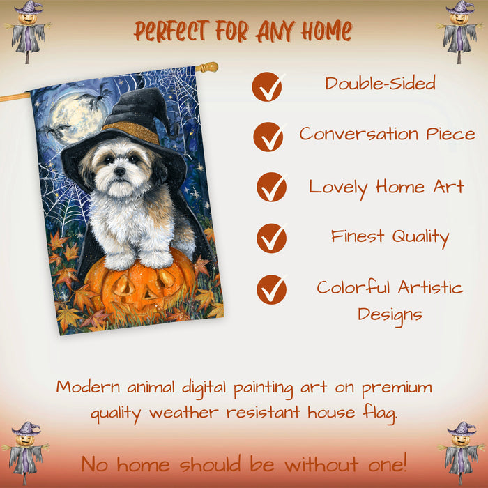 Lhasa Apso Halloween Witch Hat House Flag 28 x 40 Inch Double Sided Pumpkin Bat Spider Web Porch Banner Fall Outdoor Dog Lover Decoration