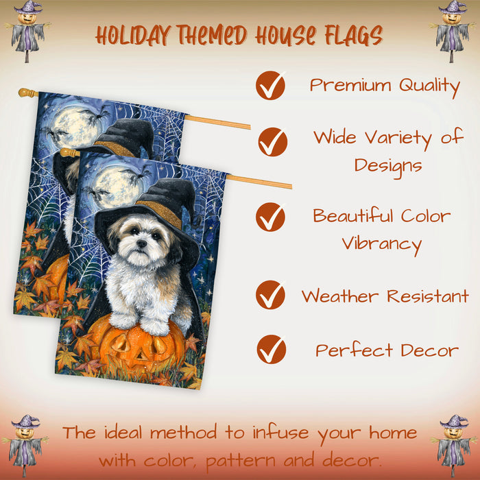 Lhasa Apso Halloween Witch Hat House Flag 28 x 40 Inch Double Sided Pumpkin Bat Spider Web Porch Banner Fall Outdoor Dog Lover Decoration