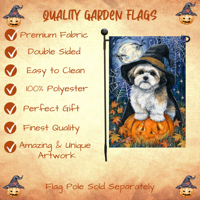 Lhasa Apso Halloween Witch Hat Garden Flag 12.5 x 18 Inch Pumpkin Spider Web Bat Outdoor Yard Banner for Trick or Treat Fall Decoration
