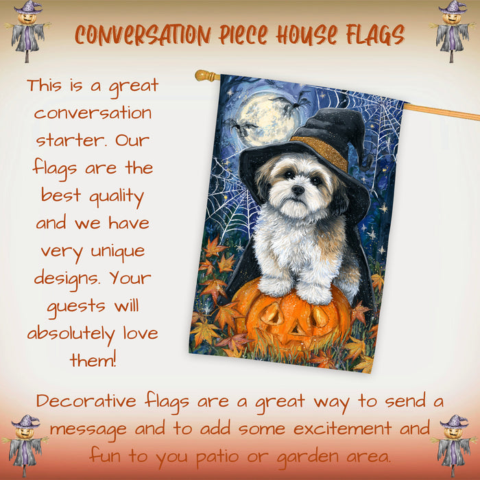 Lhasa Apso Halloween Witch Hat House Flag 28 x 40 Inch Double Sided Pumpkin Bat Spider Web Porch Banner Fall Outdoor Dog Lover Decoration