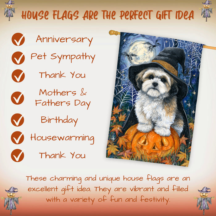 Lhasa Apso Halloween Witch Hat House Flag 28 x 40 Inch Double Sided Pumpkin Bat Spider Web Porch Banner Fall Outdoor Dog Lover Decoration