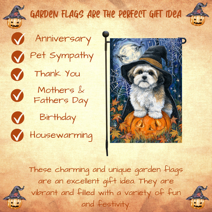 Lhasa Apso Halloween Witch Hat Garden Flag 12.5 x 18 Inch Pumpkin Spider Web Bat Outdoor Yard Banner for Trick or Treat Fall Decoration
