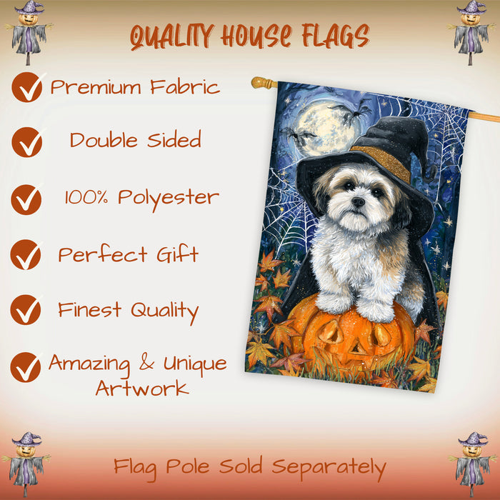 Lhasa Apso Halloween Witch Hat House Flag 28 x 40 Inch Double Sided Pumpkin Bat Spider Web Porch Banner Fall Outdoor Dog Lover Decoration