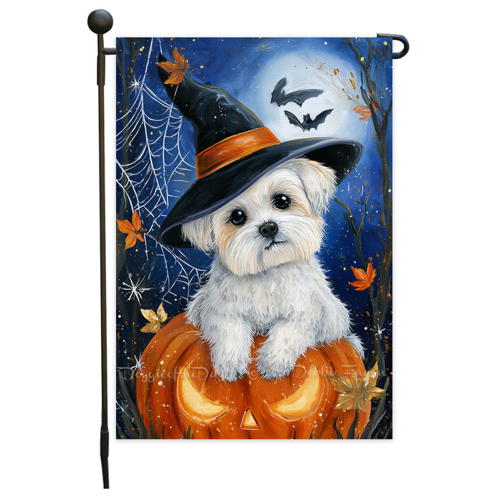 Maltese Halloween Puppy Garden Flag 12.5 x 18 Inch Pumpkin Moon Witch Hat Dog Outdoor Yard Banner for Fall Porch or Lawn Decoration