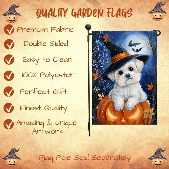 Maltese Halloween Puppy Garden Flag 12.5 x 18 Inch Pumpkin Moon Witch Hat Dog Outdoor Yard Banner for Fall Porch or Lawn Decoration