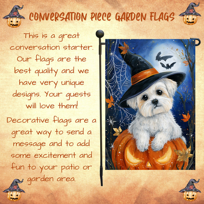 Maltese Halloween Puppy Garden Flag 12.5 x 18 Inch Pumpkin Moon Witch Hat Dog Outdoor Yard Banner for Fall Porch or Lawn Decoration