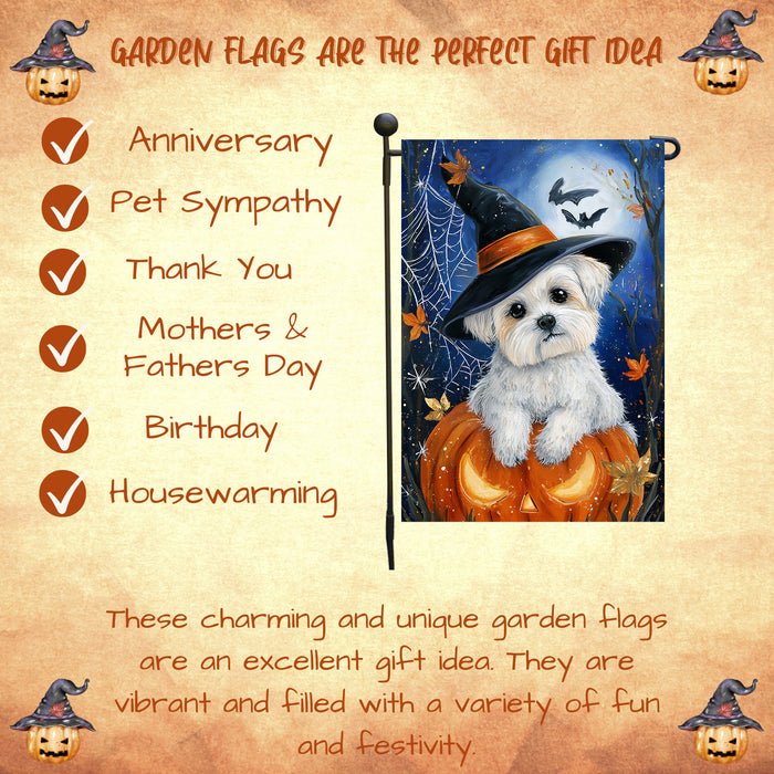 Maltese Halloween Puppy Garden Flag 12.5 x 18 Inch Pumpkin Moon Witch Hat Dog Outdoor Yard Banner for Fall Porch or Lawn Decoration