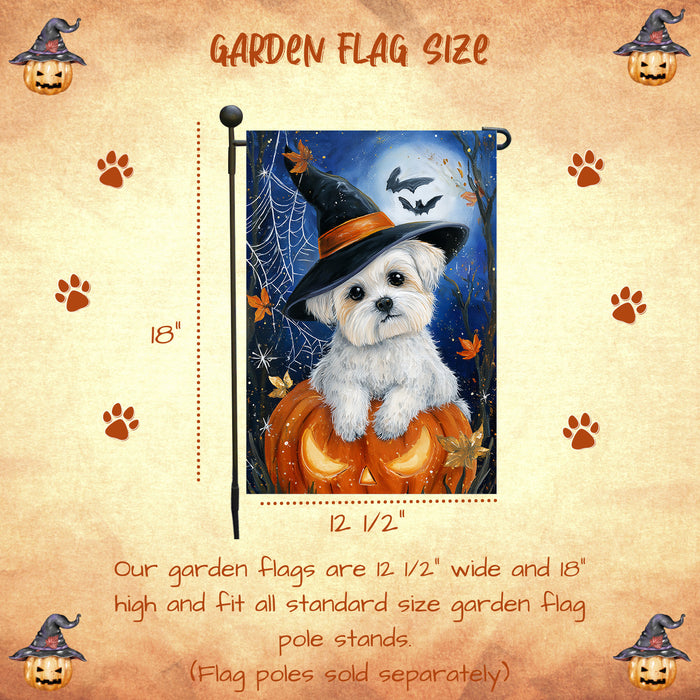 Maltese Halloween Puppy Garden Flag 12.5 x 18 Inch Pumpkin Moon Witch Hat Dog Outdoor Yard Banner for Fall Porch or Lawn Decoration
