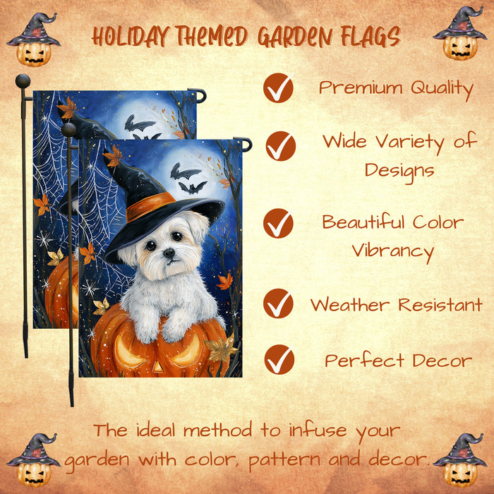 Maltese Halloween Puppy Garden Flag 12.5 x 18 Inch Pumpkin Moon Witch Hat Dog Outdoor Yard Banner for Fall Porch or Lawn Decoration