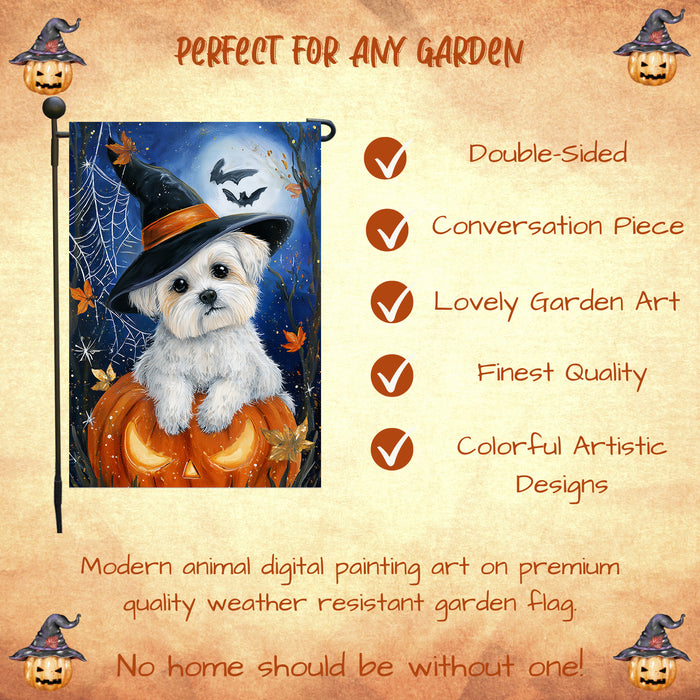 Maltese Halloween Puppy Garden Flag 12.5 x 18 Inch Pumpkin Moon Witch Hat Dog Outdoor Yard Banner for Fall Porch or Lawn Decoration