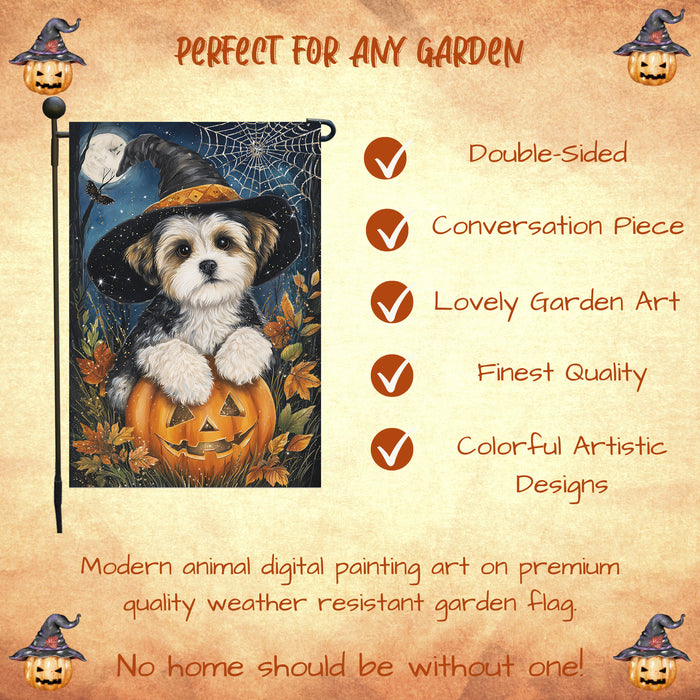 Malti Tzu Halloween Garden Flag 12.5 x 18 Inch Pumpkin Spider Web Bat Witch Hat Outdoor Dog Yard Banner for Fall Harvest Farmhouse Decor