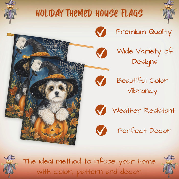 Malti Tzu Halloween Witch Hat House Flag 28 x 40 Inch Double Sided Pumpkin Bat Spider Web Outdoor Porch Banner for Fall Harvest Decoration