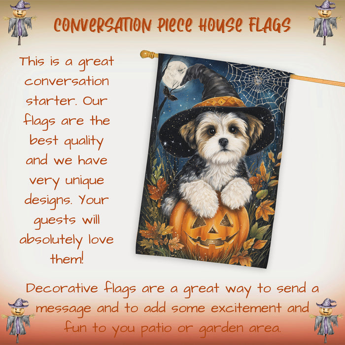 Malti Tzu Halloween Witch Hat House Flag 28 x 40 Inch Double Sided Pumpkin Bat Spider Web Outdoor Porch Banner for Fall Harvest Decoration
