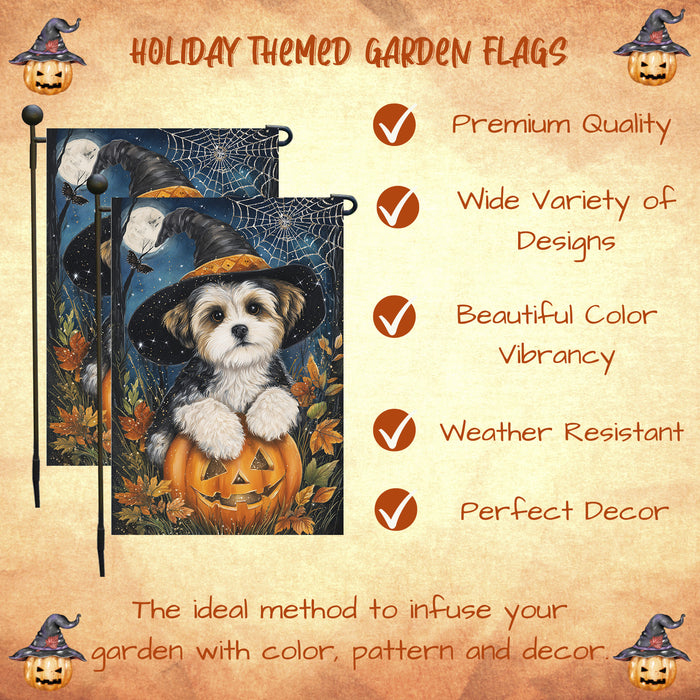 Malti Tzu Halloween Garden Flag 12.5 x 18 Inch Pumpkin Spider Web Bat Witch Hat Outdoor Dog Yard Banner for Fall Harvest Farmhouse Decor