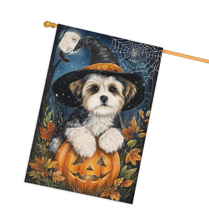 Malti Tzu Halloween Witch Hat House Flag 28 x 40 Inch Double Sided Pumpkin Bat Spider Web Outdoor Porch Banner for Fall Harvest Decoration