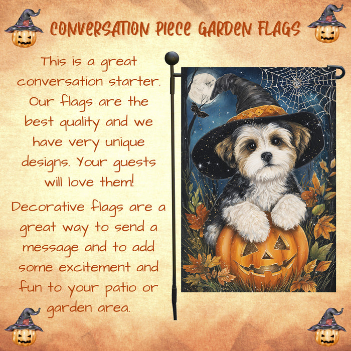 Malti Tzu Halloween Garden Flag 12.5 x 18 Inch Pumpkin Spider Web Bat Witch Hat Outdoor Dog Yard Banner for Fall Harvest Farmhouse Decor