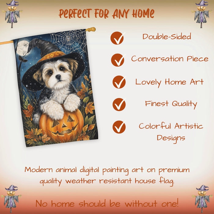 Malti Tzu Halloween Witch Hat House Flag 28 x 40 Inch Double Sided Pumpkin Bat Spider Web Outdoor Porch Banner for Fall Harvest Decoration