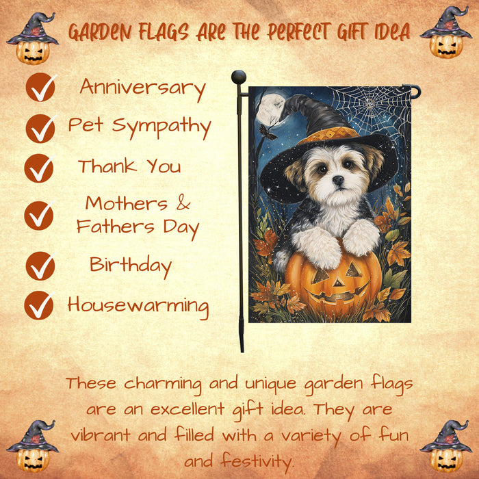 Malti Tzu Halloween Garden Flag 12.5 x 18 Inch Pumpkin Spider Web Bat Witch Hat Outdoor Dog Yard Banner for Fall Harvest Farmhouse Decor