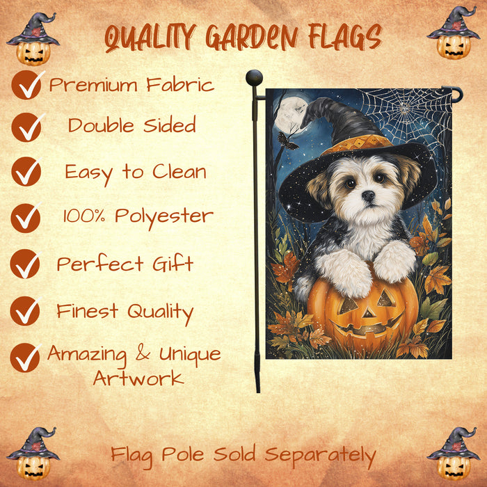 Malti Tzu Halloween Garden Flag 12.5 x 18 Inch Pumpkin Spider Web Bat Witch Hat Outdoor Dog Yard Banner for Fall Harvest Farmhouse Decor